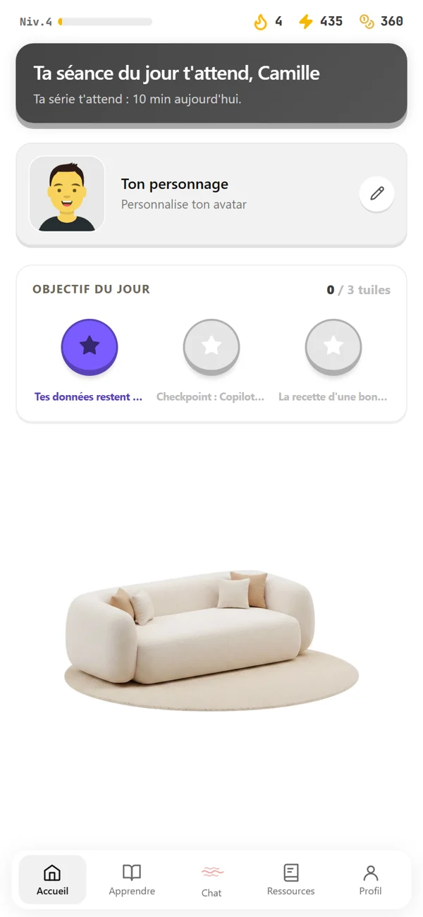 Accueil de Claria : niveau, série, objectif du jour en trois tuiles.