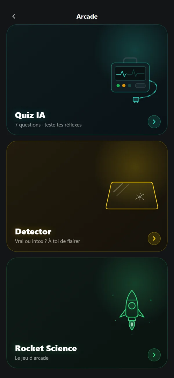 Arcade de Claria : Quiz IA, Detector et Rocket Science.