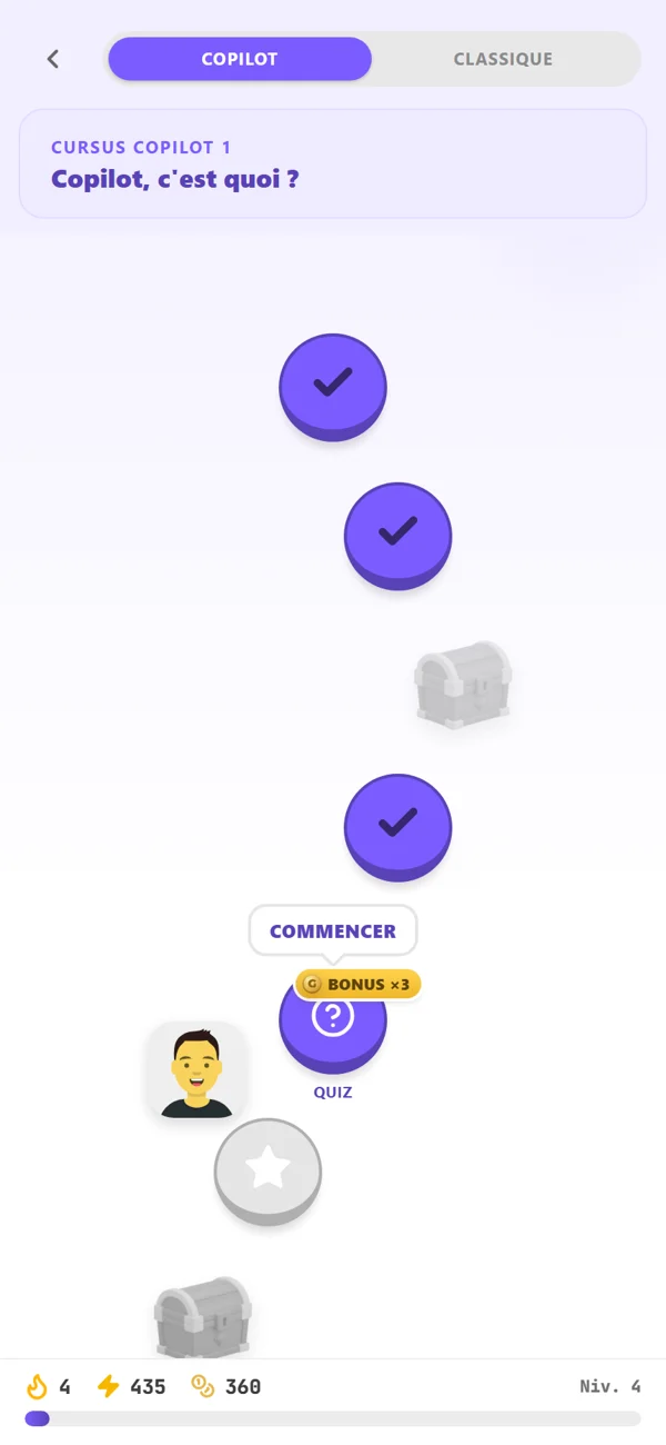 Parcours du cursus Copilot : leçons validées, quiz bonus et coffres.