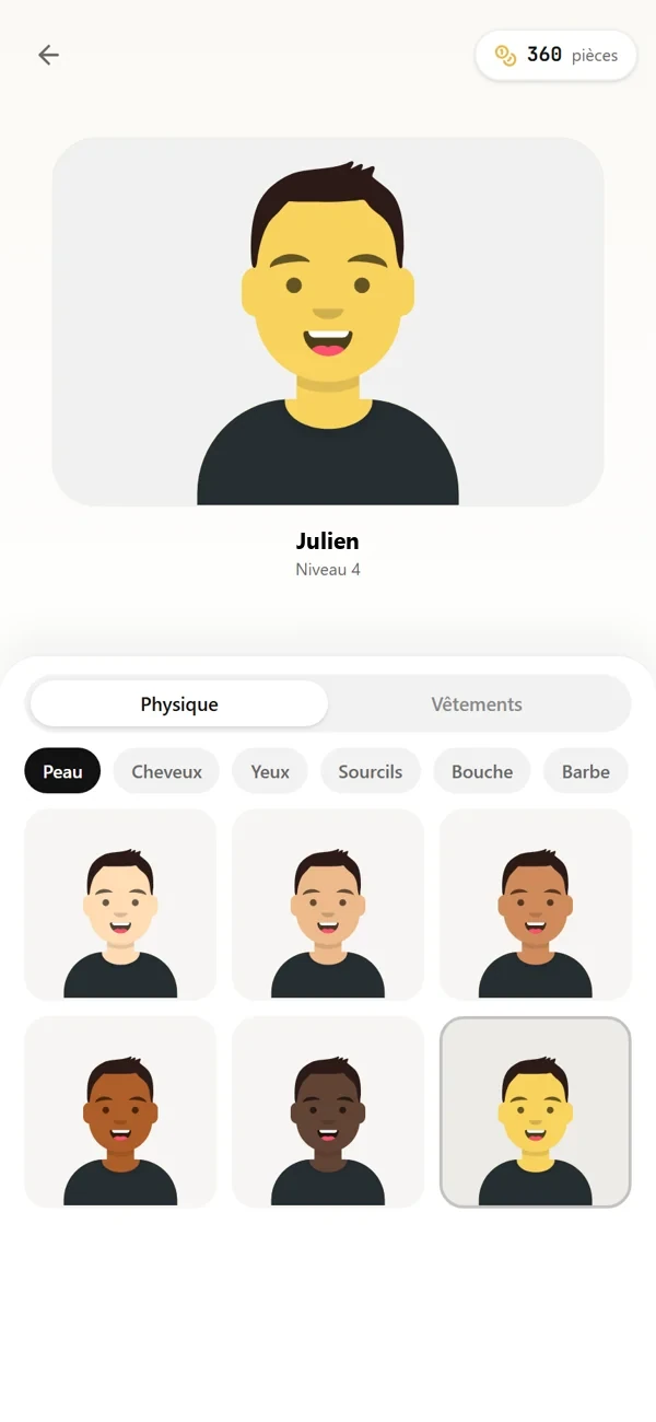 Personnalisation du personnage : visage, coiffure, puis tenue.