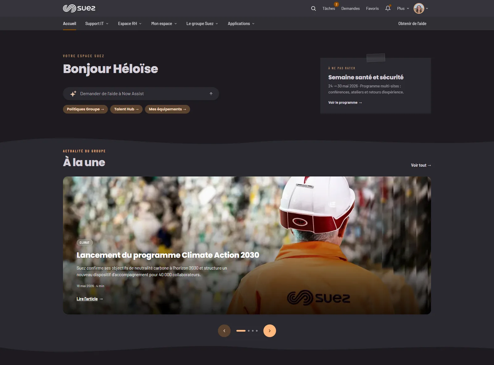 Homepage My Suez avec le carrousel en variante image full