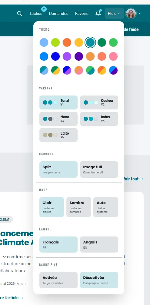 Contrôles de thème, variante, mode et langue